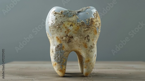 Decayed Human Tooth on Wooden Surface - Dental Health Concept Highlighting Poor Oral Hygiene and Disease