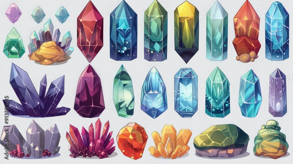 Vibrant Gemstones and Crystals Set in Cartoon Style Vibrant Gemstones and Crystals Set in Cartoon Style