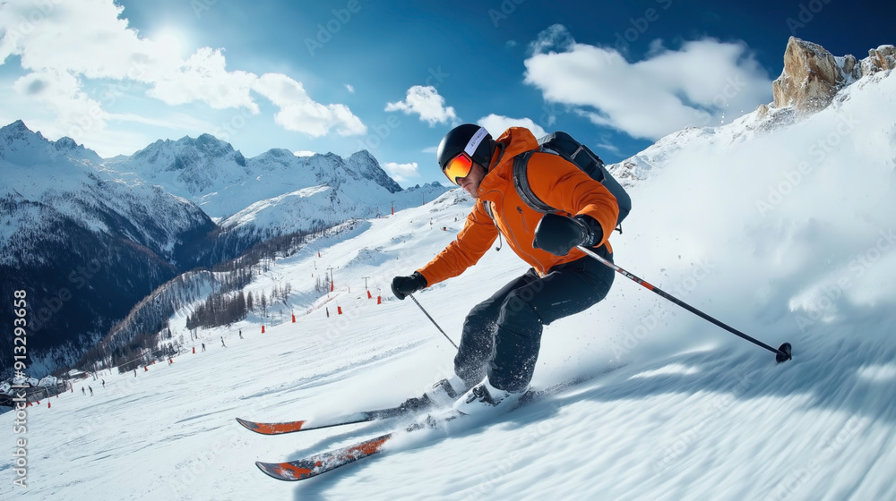 A skier in an orange jacket and helmet carving through the snowy slopes of a mountain resort on a clear, sunny day with distant snow-capped peaks and other skiers in the background. A skier in an orange jacket and helmet carving through the snowy slopes of a mountain resort on a clear, sunny day with distant snow-capped peaks and other skiers in the background.