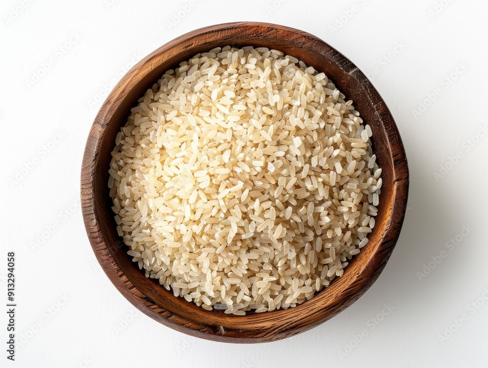 Brown Rice In A Wooden Bowl On White Surface Brown Rice In A Wooden Bowl On White Surface
