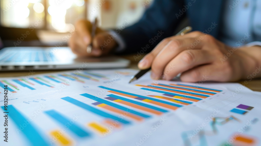 Finance expert analyzing company performance data using interactive financial graphs and charts. Finance expert analyzing company performance data using interactive financial graphs and charts.