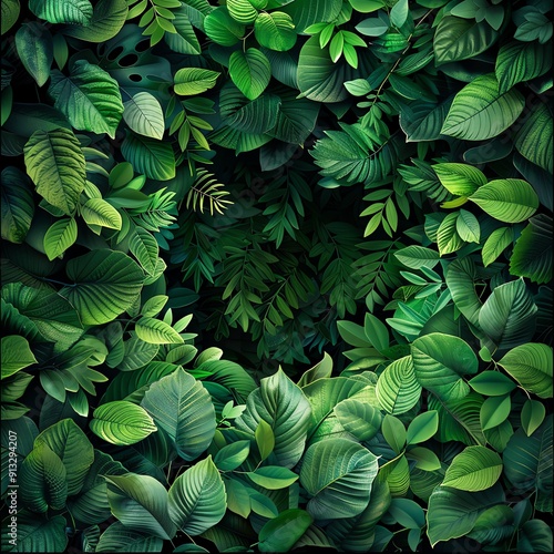 Wallpaper Mural A lush green background of tropical leaves with a dark center, creating a natural frame. Perfect for nature, growth, and environmental themes. Torontodigital.ca
