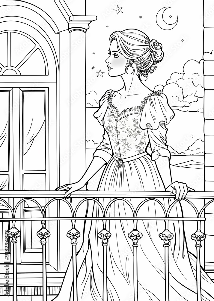 Elegant Lady on Balcony Coloring Page Elegant Lady on Balcony Coloring Page