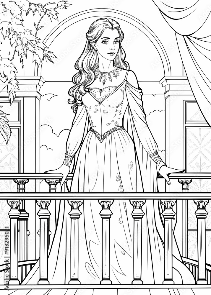 Fototapeta premium Elegant Lady on Balcony Coloring Page