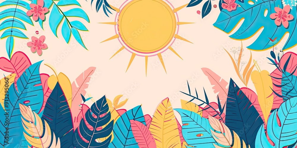 Colorful Tropical Flowers and Sun Illustration Colorful Tropical Flowers and Sun Illustration