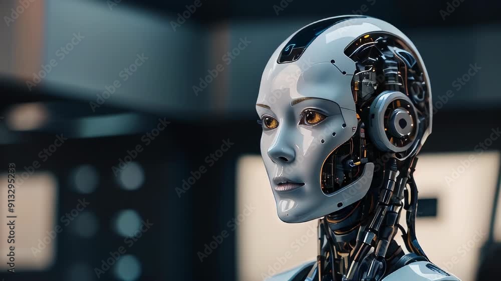 Futuristic Robot Woman Featuring Intricate Mechanical Components Against a Colorful Neon Background Futuristic Robot Woman Featuring Intricate Mechanical Components Against a Colorful Neon Background