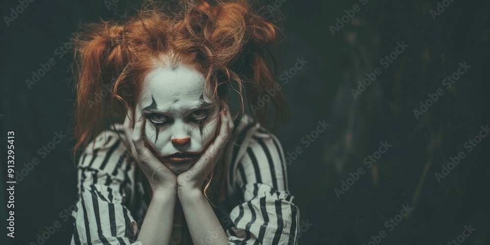 Scary clown woman with red hair in a black and white striped shirt. Halloween.