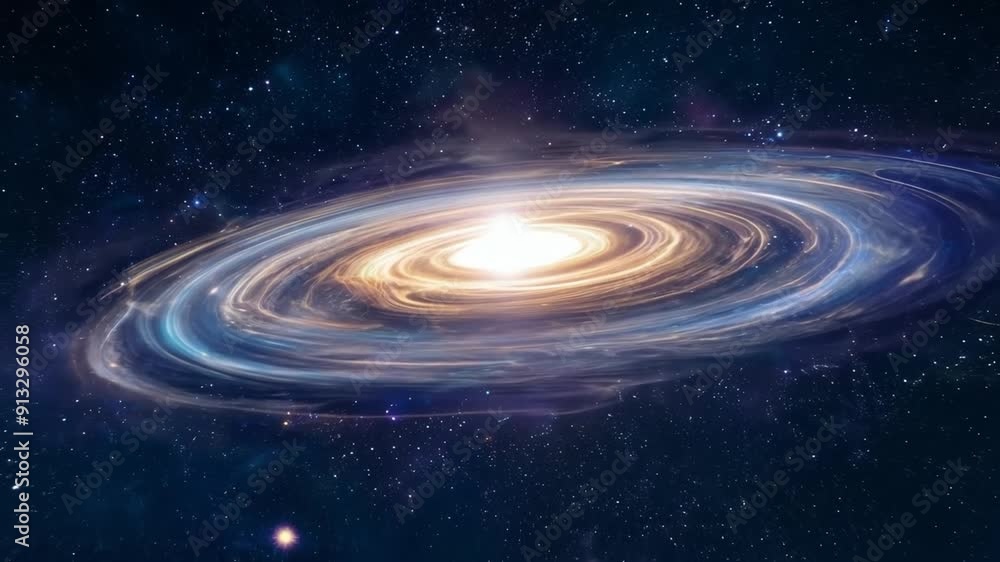 A large, swirling galaxy with a bright yellow star in the center. The galaxy is surrounded by a dark blue sky, with a few stars scattered throughout. Scene is one of wonder and awe A large, swirling galaxy with a bright yellow star in the center. The galaxy is surrounded by a dark blue sky, with a few stars scattered throughout. Scene is one of wonder and awe