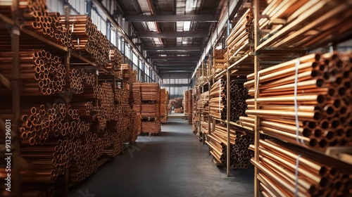 Copper pipes stacked in bundles inside a warehouse, showcasing industrial storage solutions.