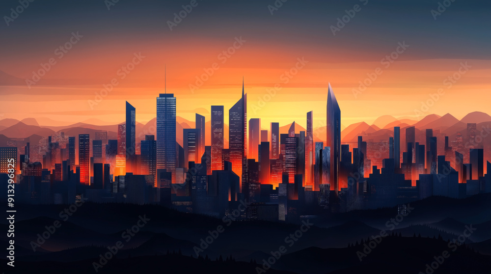 Digital illustration of a modern city skyline at sunset with high-rise buildings and mountains in the background. Digital illustration of a modern city skyline at sunset with high-rise buildings and mountains in the background.