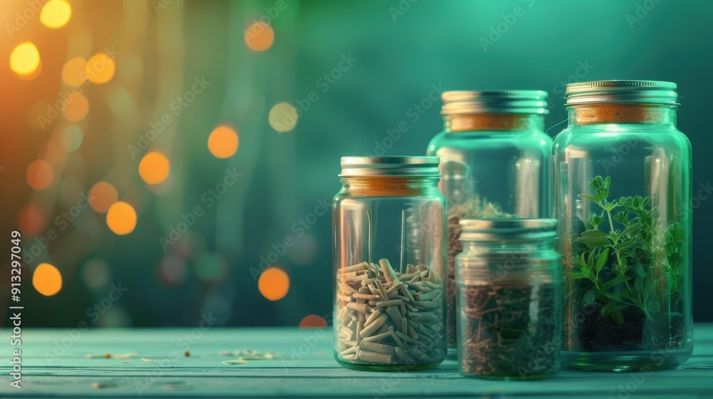 Colorful glass jars filled with seeds and herbs, set against a dreamy bokeh background, perfect for food or nature themes. Colorful glass jars filled with seeds and herbs, set against a dreamy bokeh background, perfect for food or nature themes.