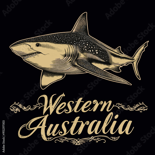 Vintage Western Australia shark illustration, detailed whale shark design, ideal for marine wildlife enthusiasts, unique Australia-themed decor, retro-inspired artwork, perfect for ocean lovers