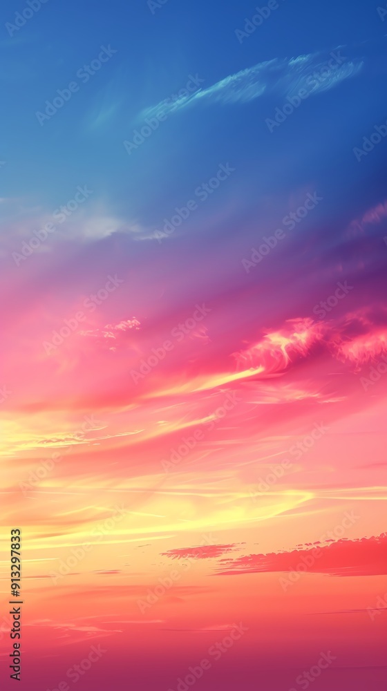 Fototapeta premium A vibrant sky with hues of pink, orange, yellow and blue, creating a dramatic and colorful sunset.
