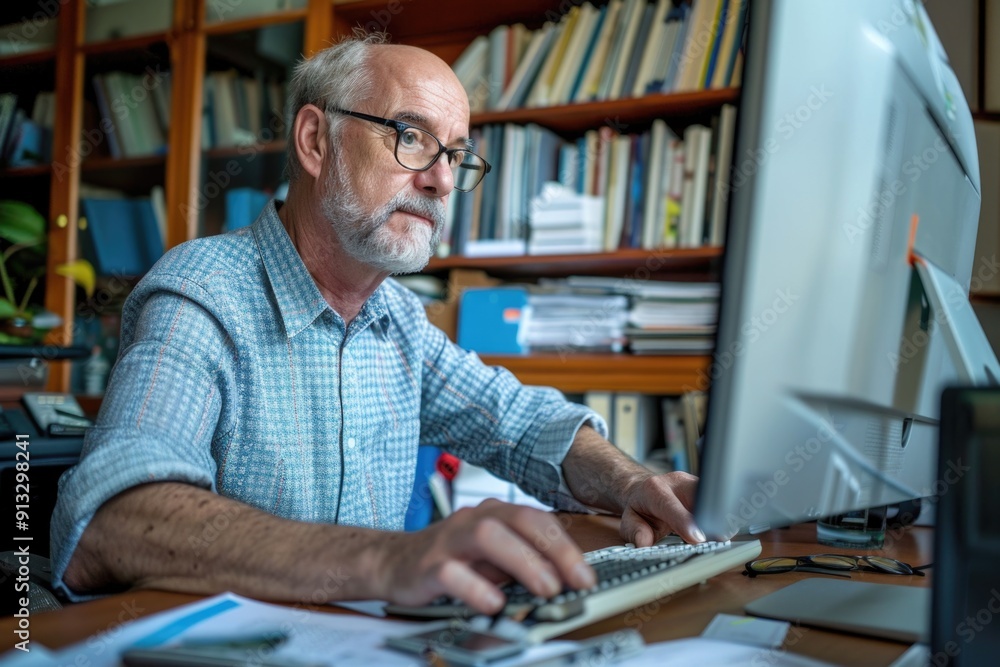 A person sitting at a desk with a laptop and keyboard, focused on work A person sitting at a desk with a laptop and keyboard, focused on work