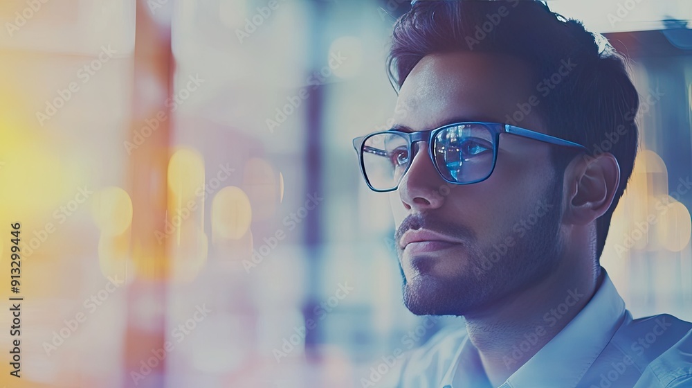 vYoung businessman working on a startup project, with clean copy space for business concepts and text overlays. vYoung businessman working on a startup project, with clean copy space for business concepts and text overlays.