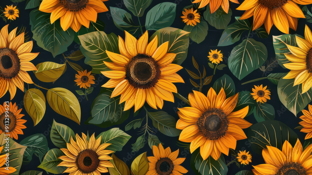 Floral pattern with sunflowers and leaves Floral pattern with sunflowers and leaves