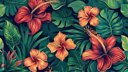Floral pattern with tropical flowers and leaves