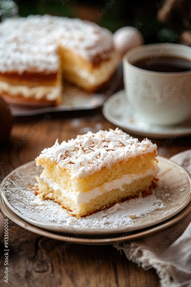 Delicious Slice of Coconut Cake and Coffee on a Rustic Wooden Table Delicious Slice of Coconut Cake and Coffee on a Rustic Wooden Table