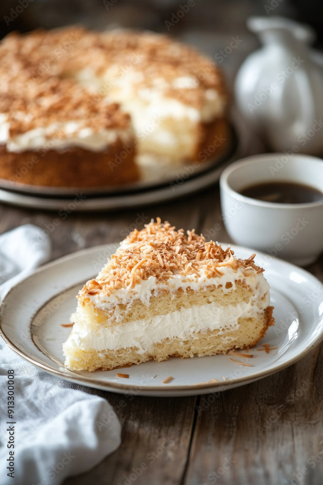 Delicious Slice of Coconut Cake and Coffee on a Rustic Wooden Table Delicious Slice of Coconut Cake and Coffee on a Rustic Wooden Table