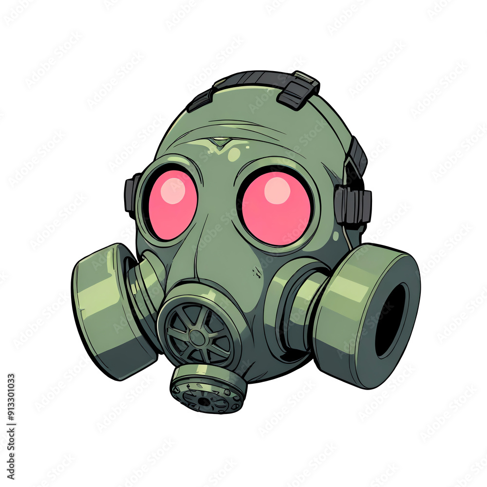 A cartoonish green gas mask with red eyes and pink glowing eyes A cartoonish green gas mask with red eyes and pink glowing eyes