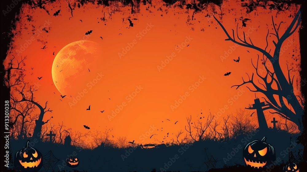 Halloween themed night frame with a blood-red moon, silhouettes of trees, a church, bats, a graveyard, and jack-o'-lanterns in the foreground Halloween themed night frame with a blood-red moon, silhouettes of trees, a church, bats, a graveyard, and jack-o'-lanterns in the foreground