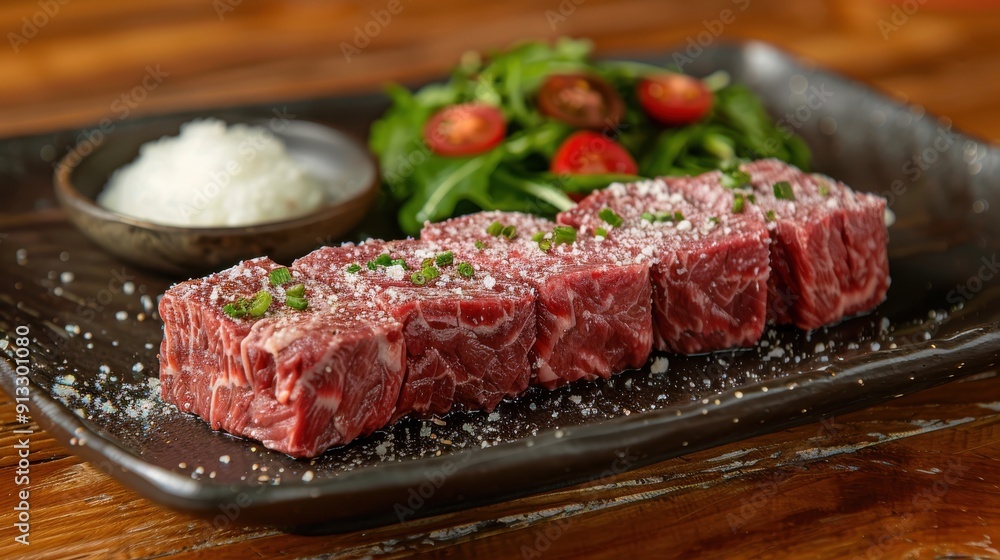 Freshly Prepared Beef Cut With Salad and Sea Salt Freshly Prepared Beef Cut With Salad and Sea Salt
