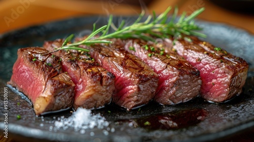 Juicy Grilled Steak on Black Stone Plate With Herbs