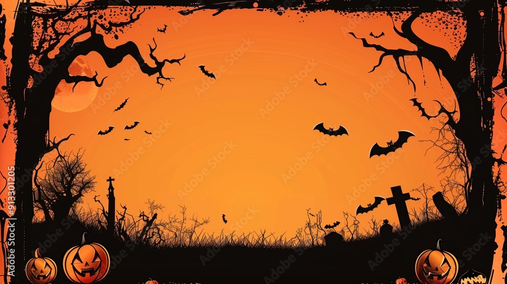 Halloween themed night frame with a blood-red moon, silhouettes of trees, a church, bats, a graveyard, and jack-o'-lanterns in the foreground Halloween themed night frame with a blood-red moon, silhouettes of trees, a church, bats, a graveyard, and jack-o'-lanterns in the foreground