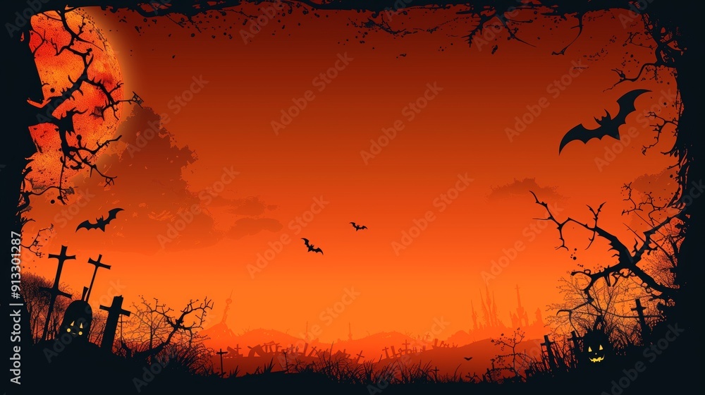 Halloween themed night frame with a blood-red moon, silhouettes of trees, a church, bats, a graveyard, and jack-o'-lanterns in the foreground Halloween themed night frame with a blood-red moon, silhouettes of trees, a church, bats, a graveyard, and jack-o'-lanterns in the foreground