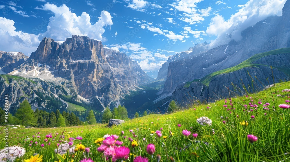 Fototapeta premium Majestic Mountain Range with Blooming Wildflowers in a Sunny Meadow