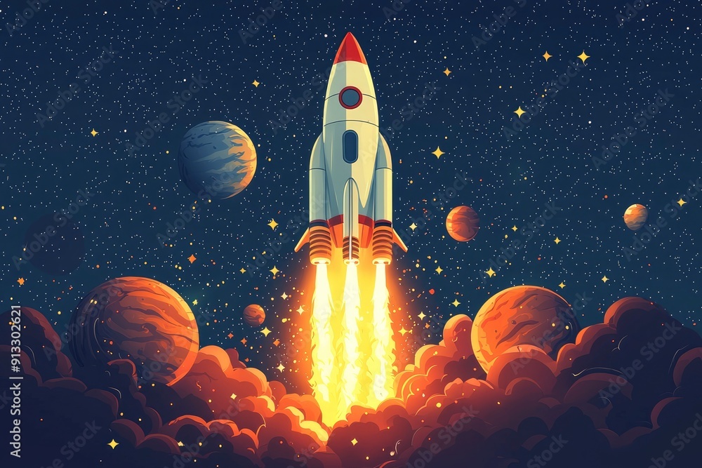 Obraz premium Rocket Launching into Space with Planets and Stars