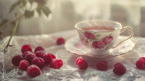 A white cup with a pink flower design sits on a table with a bunch of red raspbe