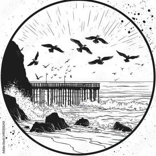 Black and White Illustration of a Pier and Seagulls photo