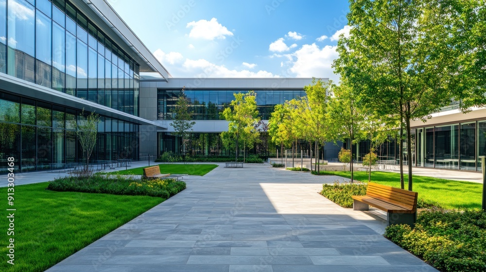 Obraz premium Modern Office Building Courtyard with Greenery