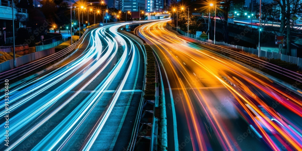 Long exposure of city streets at night, capturing the trails of lights from car Long exposure of city streets at night, capturing the trails of lights from car