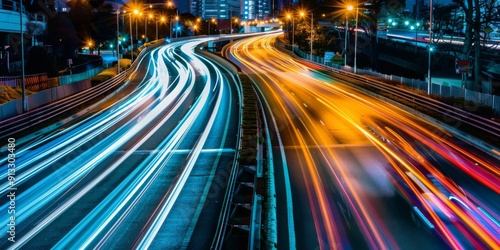 Long exposure of city streets at night, capturing the trails of lights from car 