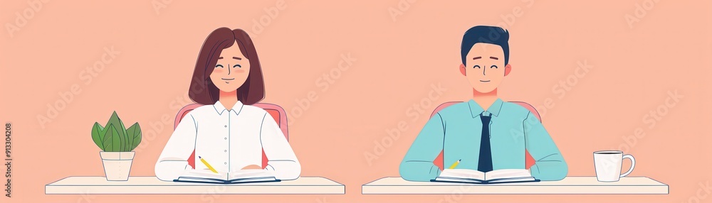 Two professionals sitting at desks, engaging in work, showcasing collaboration and productivity in a modern office environment. Two professionals sitting at desks, engaging in work, showcasing collaboration and productivity in a modern office environment.