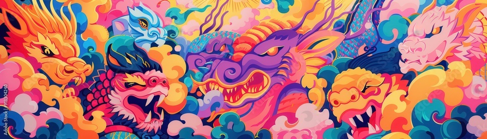 Obraz premium Vibrant dragon illustration showcasing intricate designs and colorful patterns amidst swirling clouds and dynamic energy.