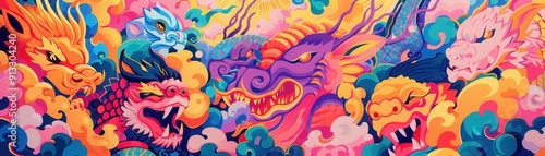 Vibrant dragon illustration showcasing intricate designs and colorful patterns amidst swirling clouds and dynamic energy.