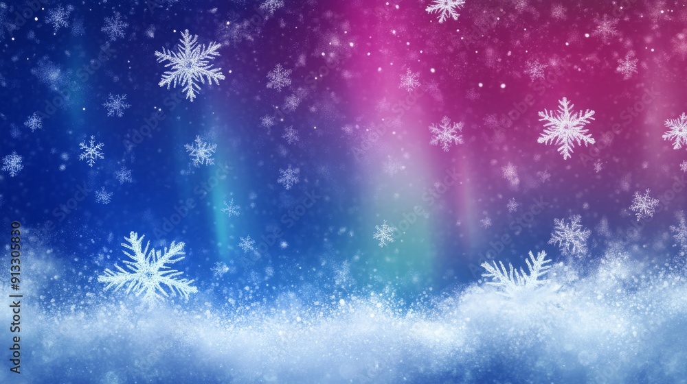 Abstract background featuring swirling snowflakes against a gradient sky illuminated by the Northern Lights Abstract background featuring swirling snowflakes against a gradient sky illuminated by the Northern Lights