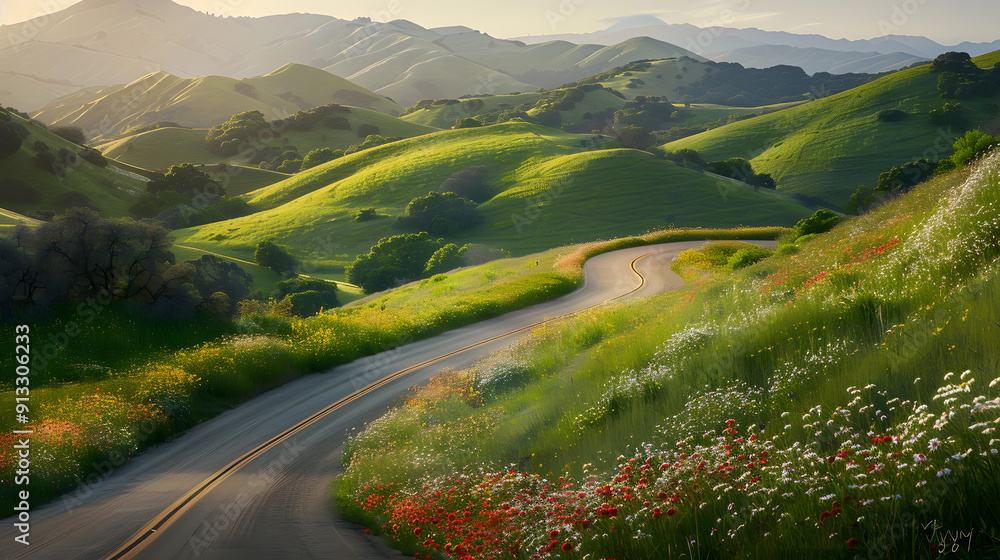 Fototapeta premium A road winds through a lush green field with wildflowers along the side