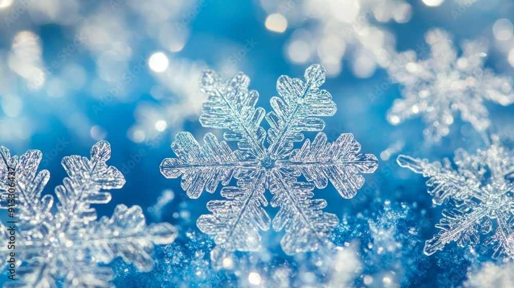 Close-up of intricate snowflakes on a frosty blue background, each flake displaying its unique crystalline structure Close-up of intricate snowflakes on a frosty blue background, each flake displaying its unique crystalline structure