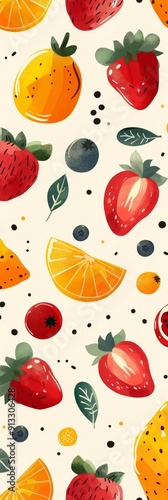 Elegant Abstract Fruit Background Featuring Strawberries, Oranges, and Blueberries