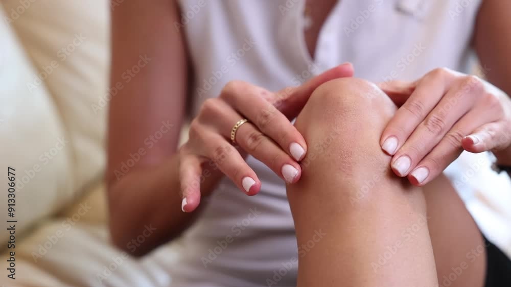 Female athlete suffering from a sports injury while standing outside. A sportswoman massaging his knee calf to ease the pain after a run. Exercising comes with the risk of pain. Slowmotion Female athlete suffering from a sports injury while standing outside. A sportswoman massaging his knee calf to ease the pain after a run. Exercising comes with the risk of pain. Slowmotion