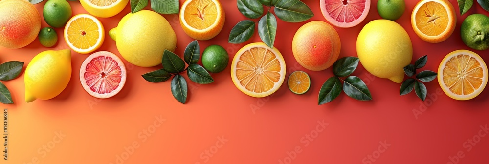 Elegant Abstract Background of Citrus Fruits With Leaves Displayed on a Gradient Surface Elegant Abstract Background of Citrus Fruits With Leaves Displayed on a Gradient Surface