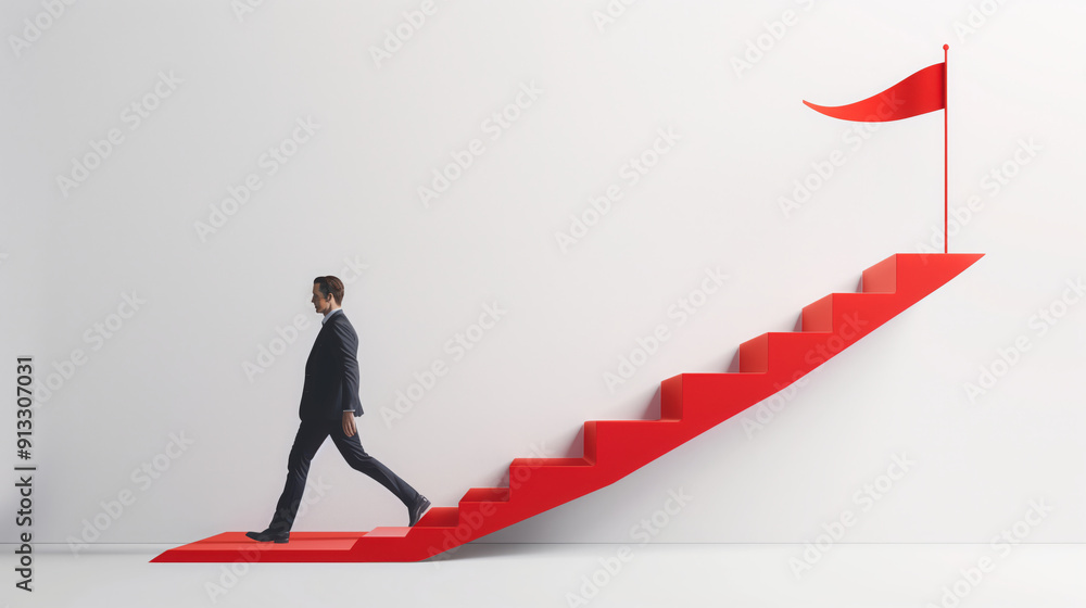 Man walking up red staircase toward flag. Goal achievement, progress, leadership, and success Man walking up red staircase toward flag. Goal achievement, progress, leadership, and success