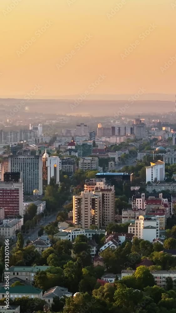 Aerial drone view of Chisinau, Moldova at sunrise. Vertical Aerial drone view of Chisinau, Moldova at sunrise. Vertical