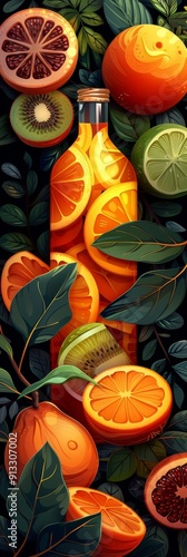 Elegant Abstract Fruit Composition With Citrus and Leaf Elements