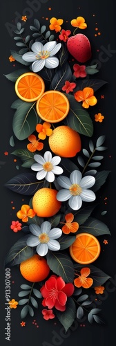 Elegant Abstract Fruit Design With Floral Accents on a Dark Background