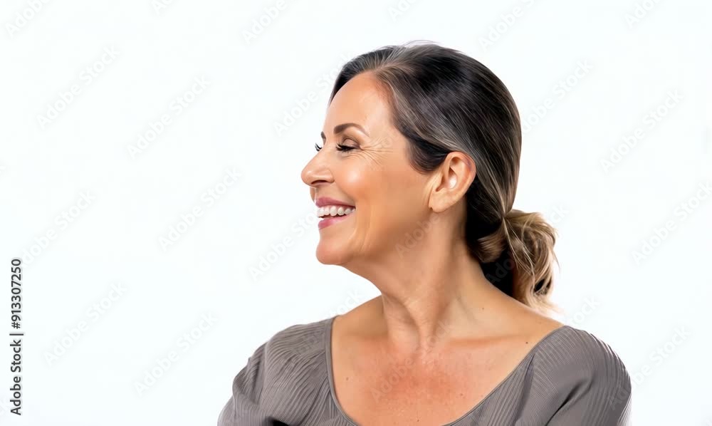 Lifestyle portrait video of a satisfied woman in her 40s that is placed against a white background Lifestyle portrait video of a satisfied woman in her 40s that is placed against a white background